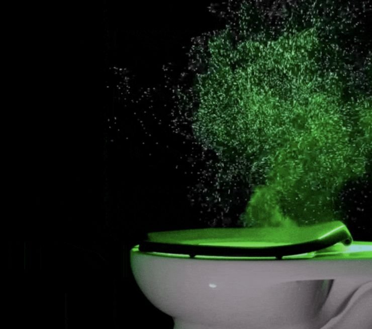 Image of spread of contents of toilet when flushed with the lid open